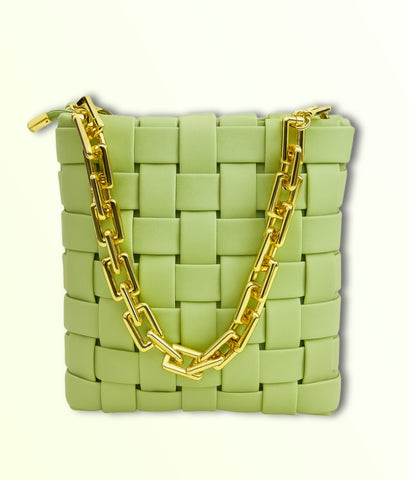 Woven Chic Shoulder Bag – Pistachio Green with Gold Chain