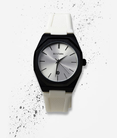 Bestwin White Strap Watch – Black Dial + Date Feature